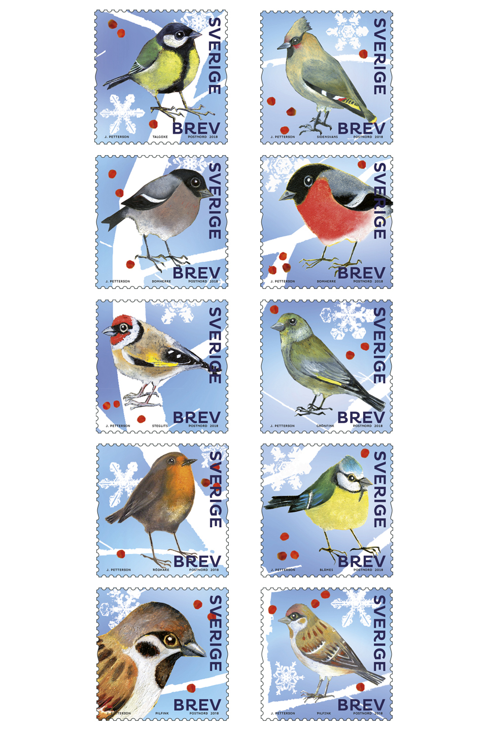 Frimärken med vinterfåglar.