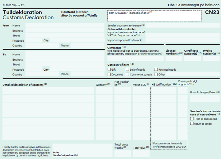 Picture of the CN23 customs form.