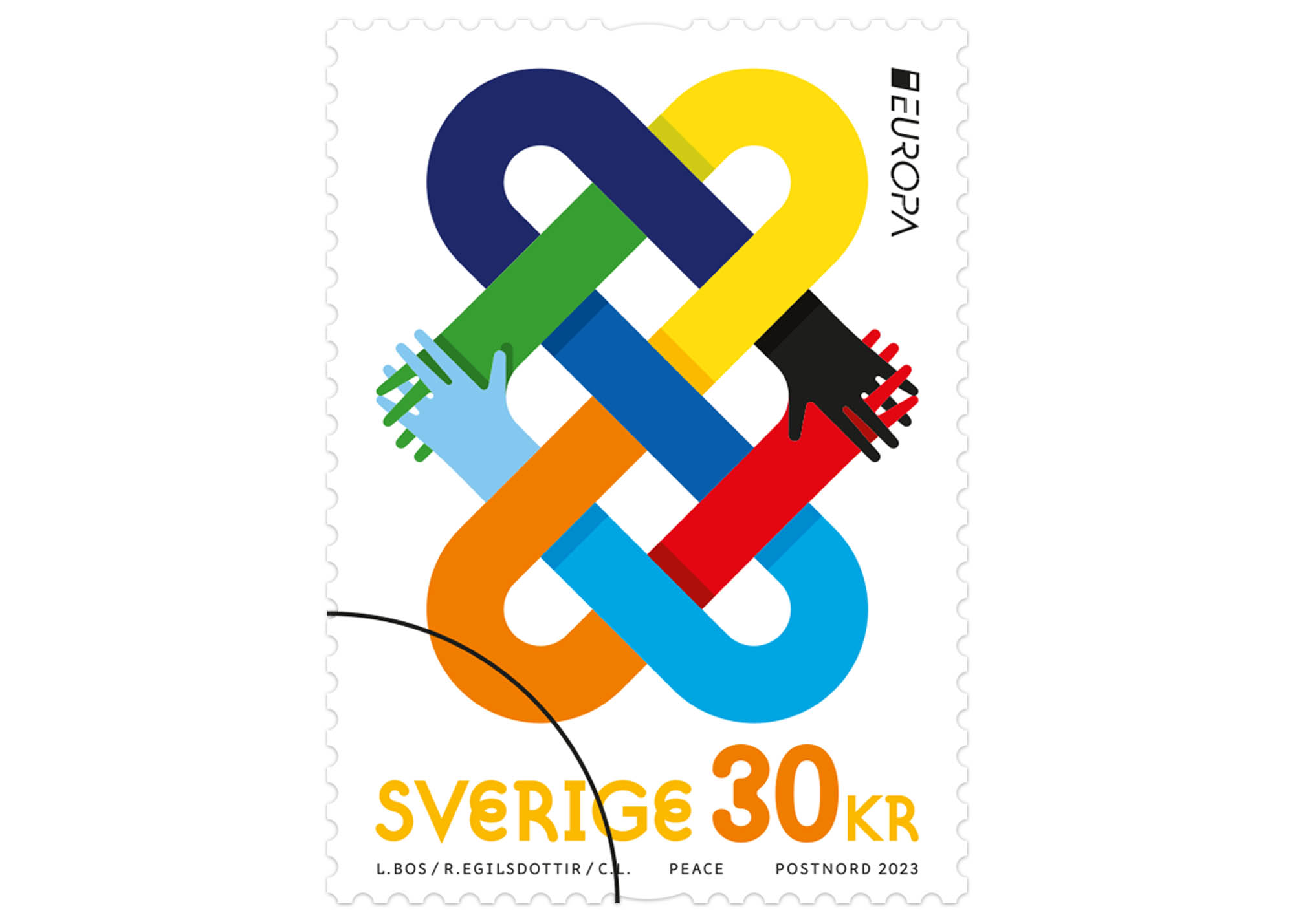 Rullfrimärke med motiv av händer i olika färgglada färger som symboliserar enighet och fred.