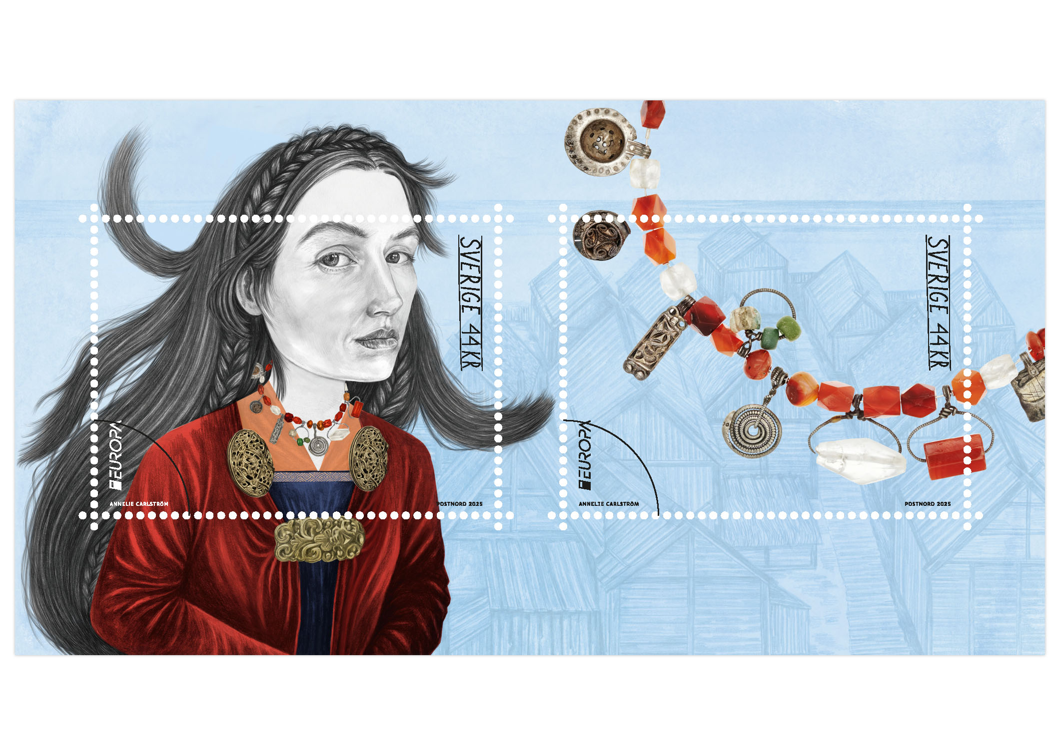 Vikingamotiv, ett med halsband, ett med kvinnoporträtt.På arket Birka.