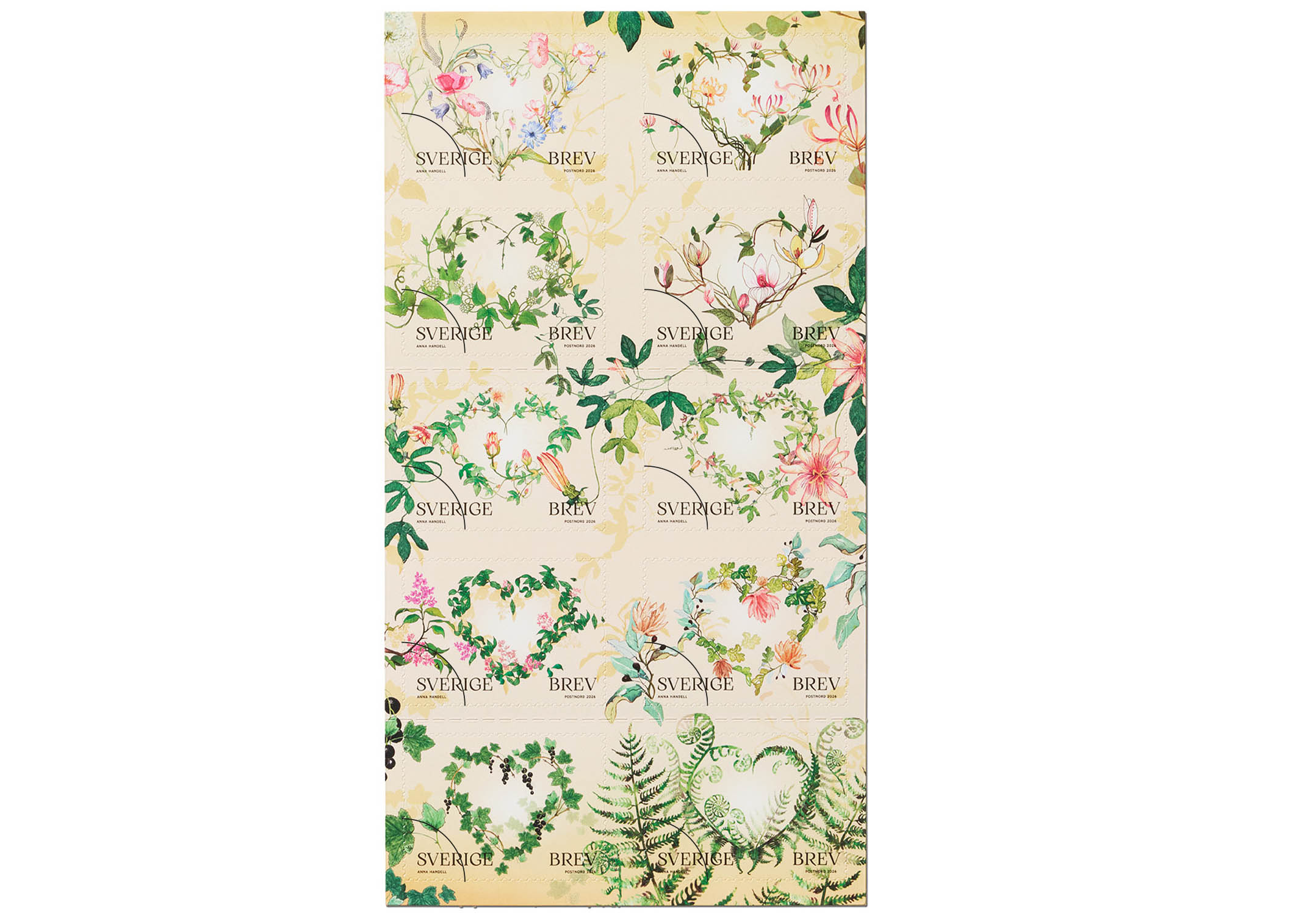 Frimärkshäfte med 10 frimärken, 10 illustrerade motiv av hjärtan av blommor och blad.