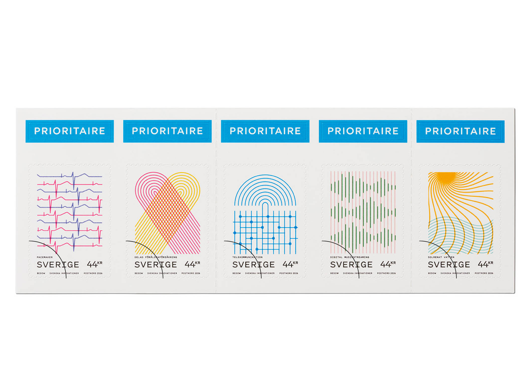 Frimärkshäfte med 5 frimärken, 5 grafiska motiv av svenska innovationer.